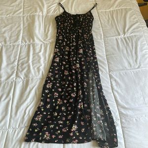 Long black flower slit dress